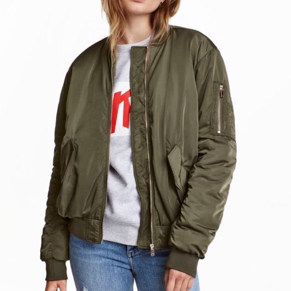 H&M Jackets & Blazers - H&M Army Green Satin Bomber Jacket